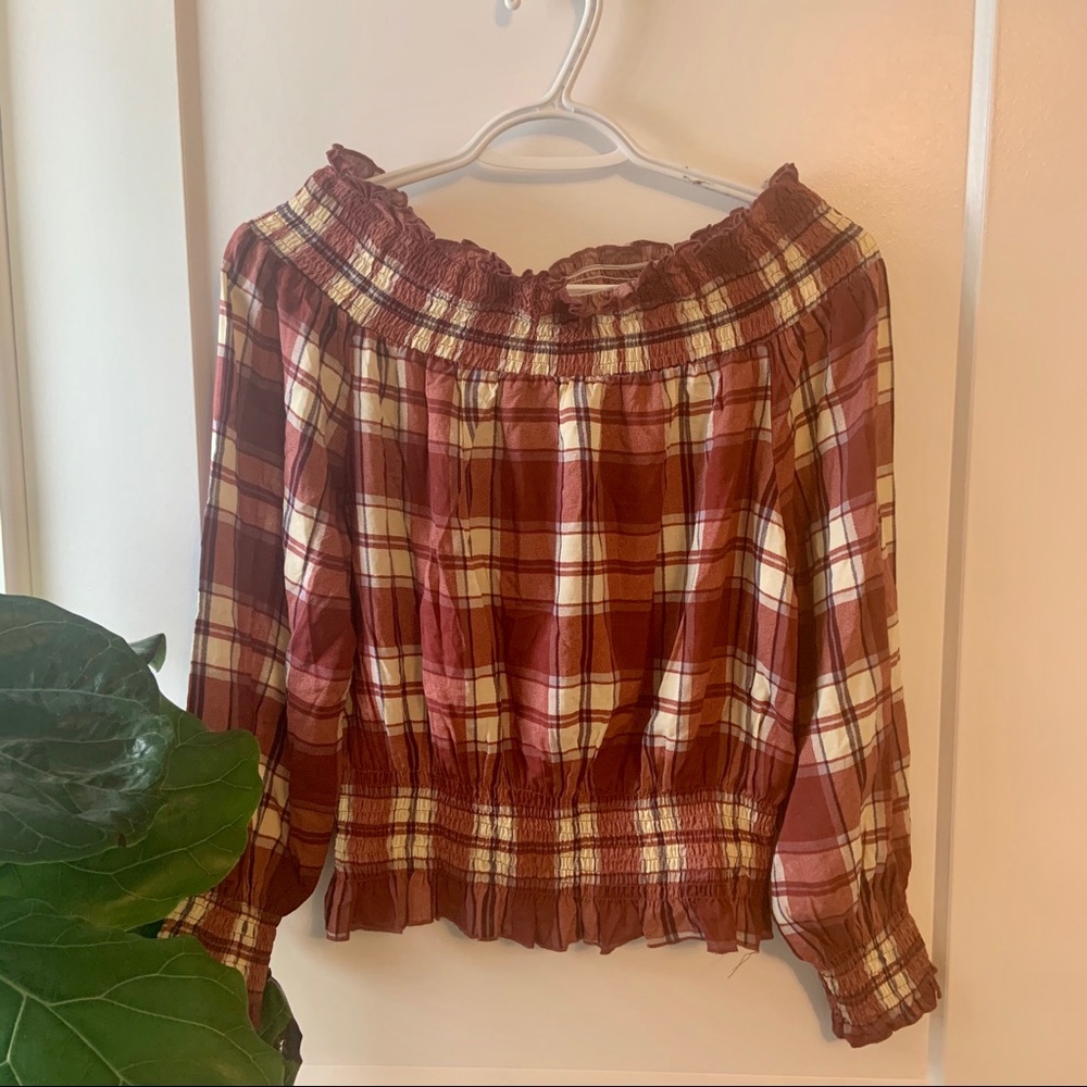 Off shoulder plaid blouse